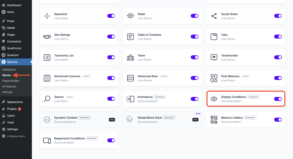 enable display conditions from Spectra > Blocks