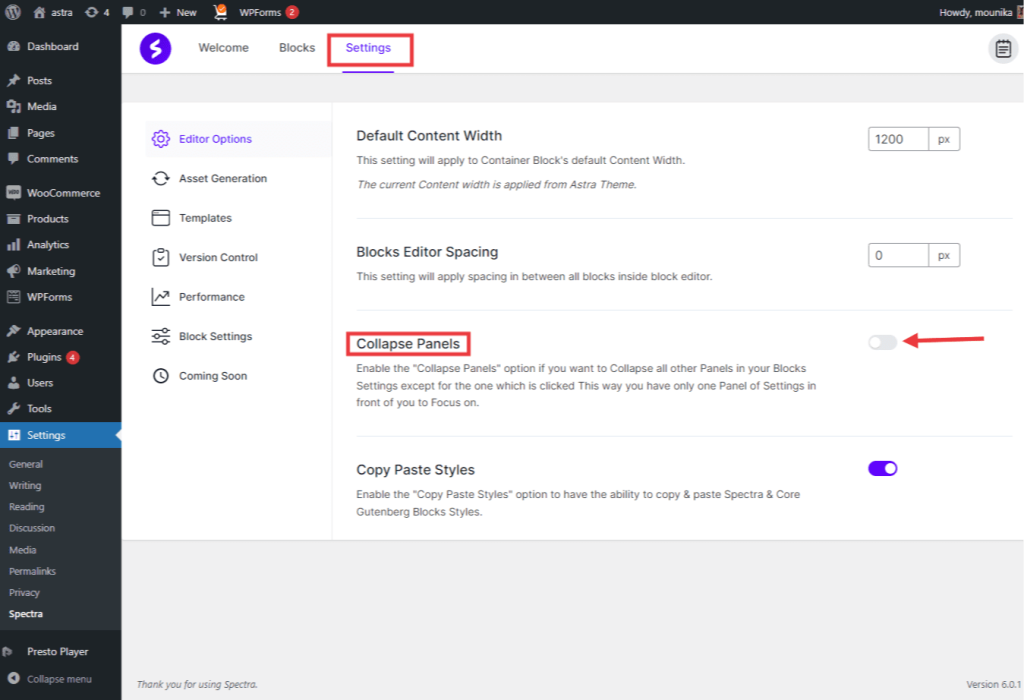 Collapse panel settings
