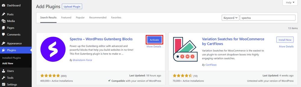 Activate Spectra plugin