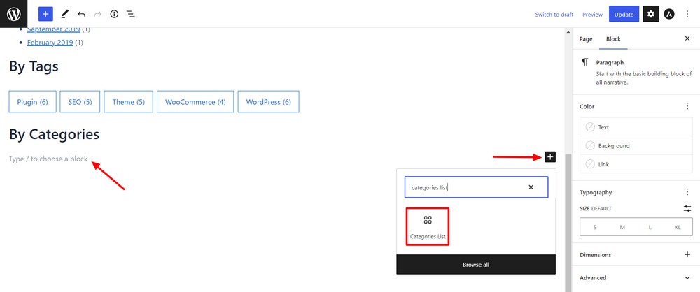 Add Categories List block