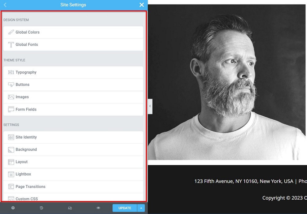 elementor site setting area