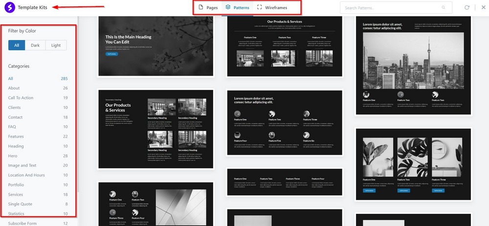 spectra premade pages, pattern and wireframes