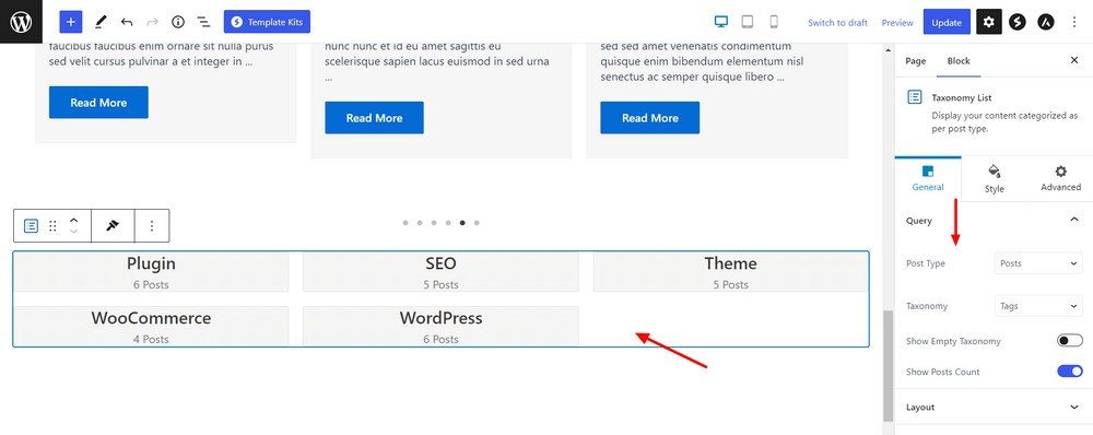 Taxonomy list query settings