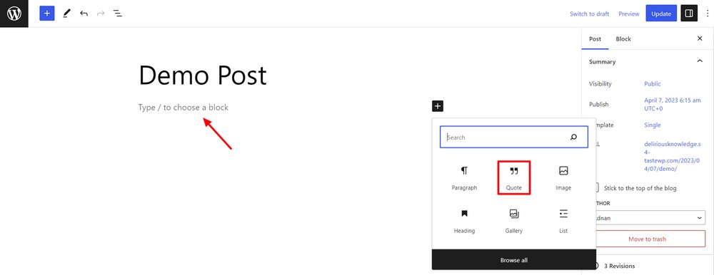 Add WordPress quote block