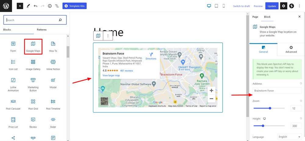 Add Google map block