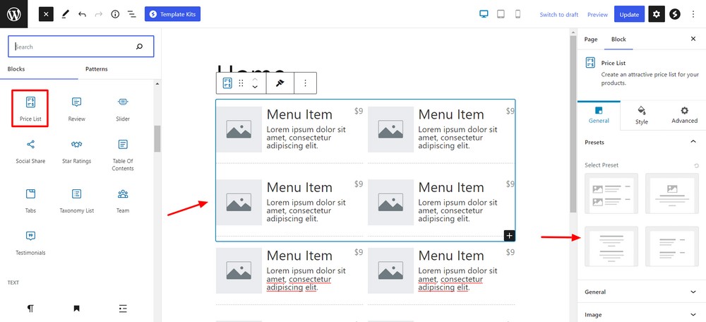 Add price list block