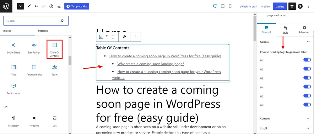 Add table of content block