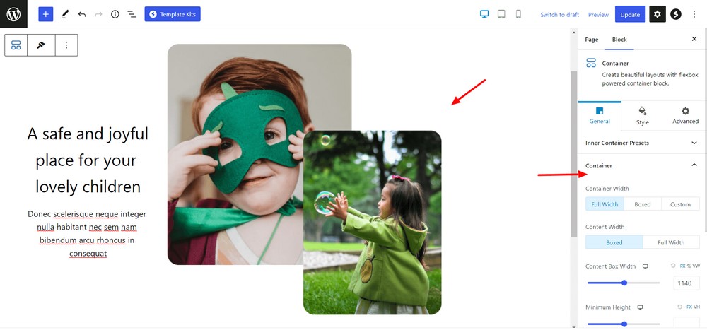 Container block settings