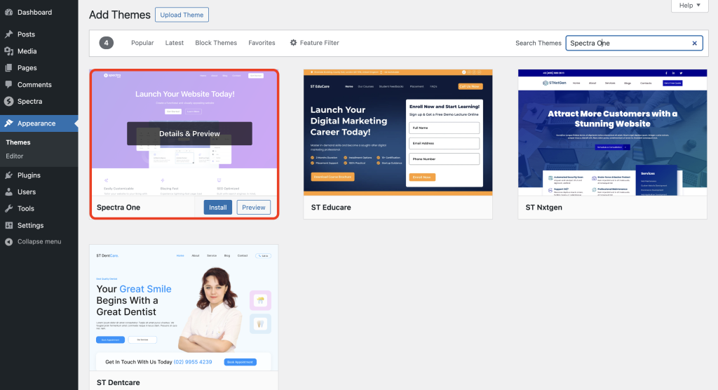 install and activate the Spectra One theme