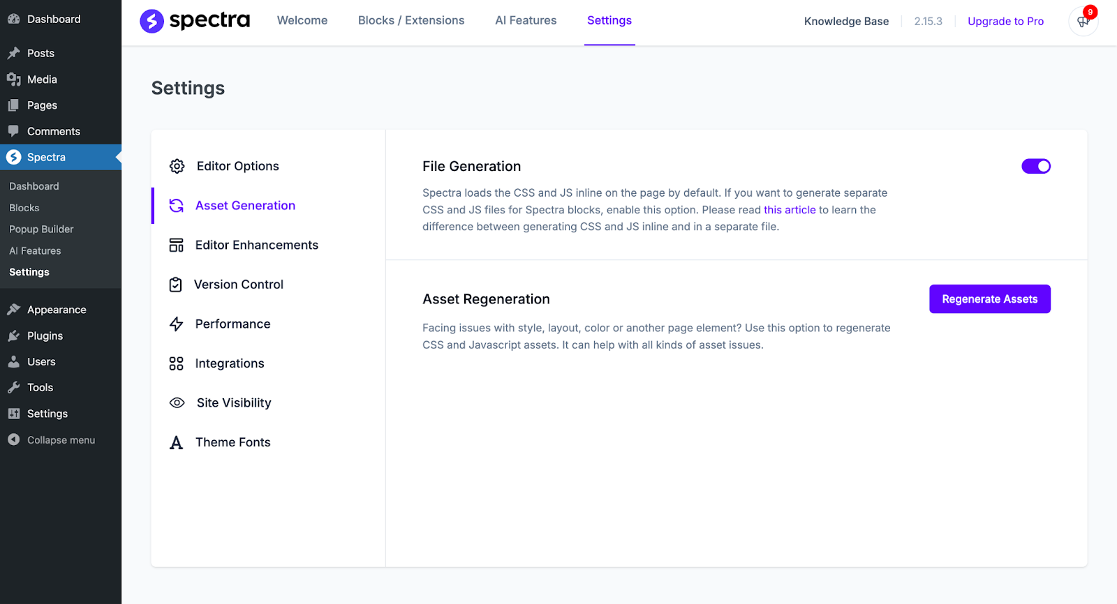 regenerate assets button