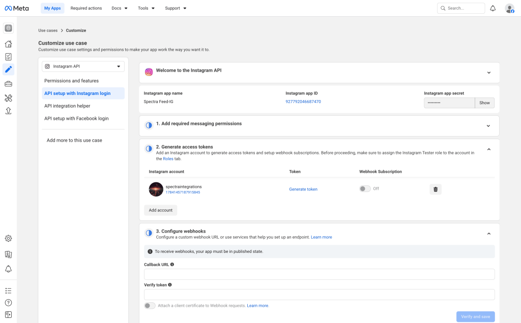 Generate Access Tokens Section Showing The Instagram Account And Generate Token Button 1024x636