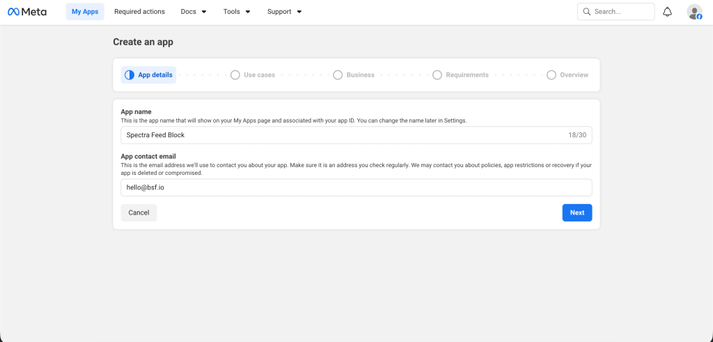 Meta Developer App Details Step With App Name And App Contact Email Fields 1024x491