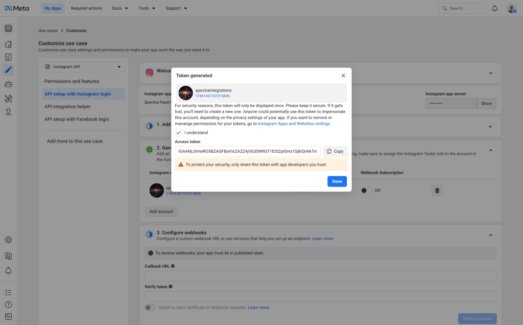Token Displayed After Successful Generation In The Meta App Dashboard 1024x636